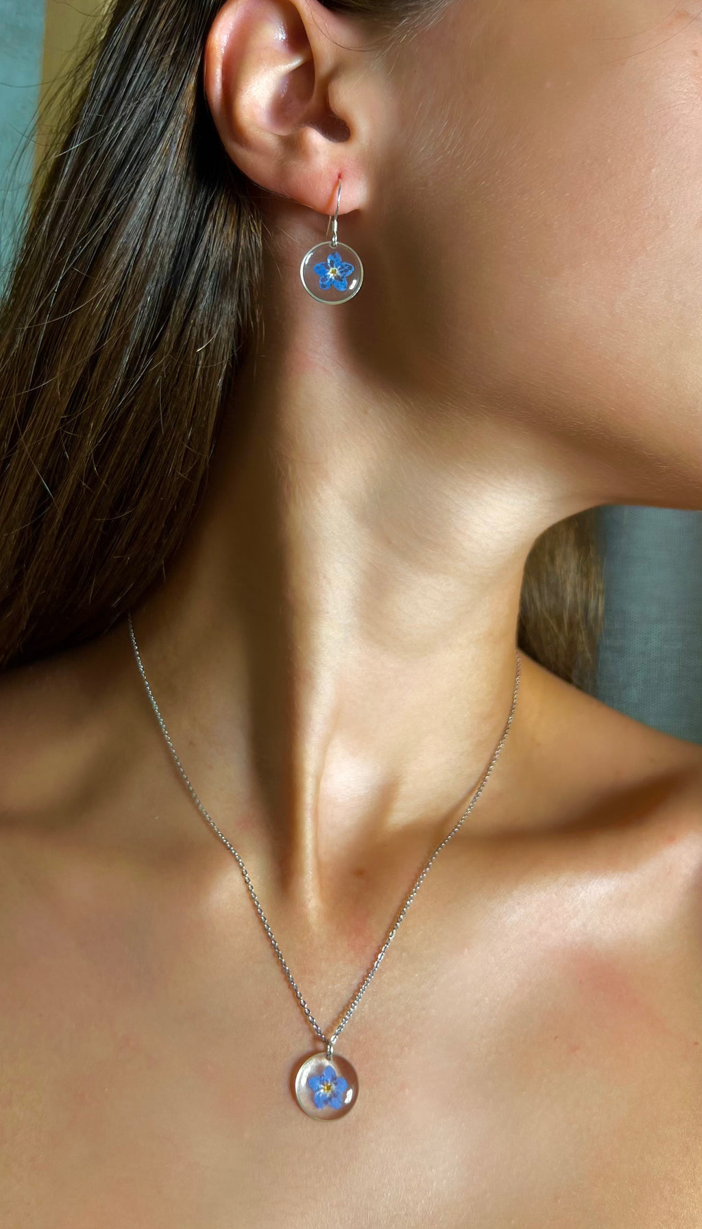 Real Forget-Me-Not Jewelry Set - Necklace & Earrings /925 sterling silver