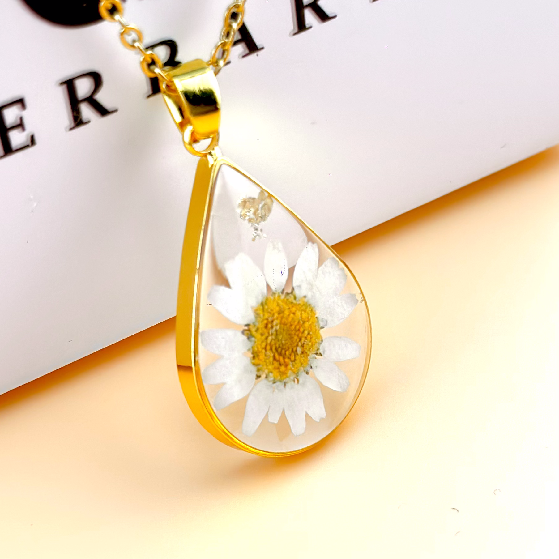 Real Daisy Teardrop Necklace