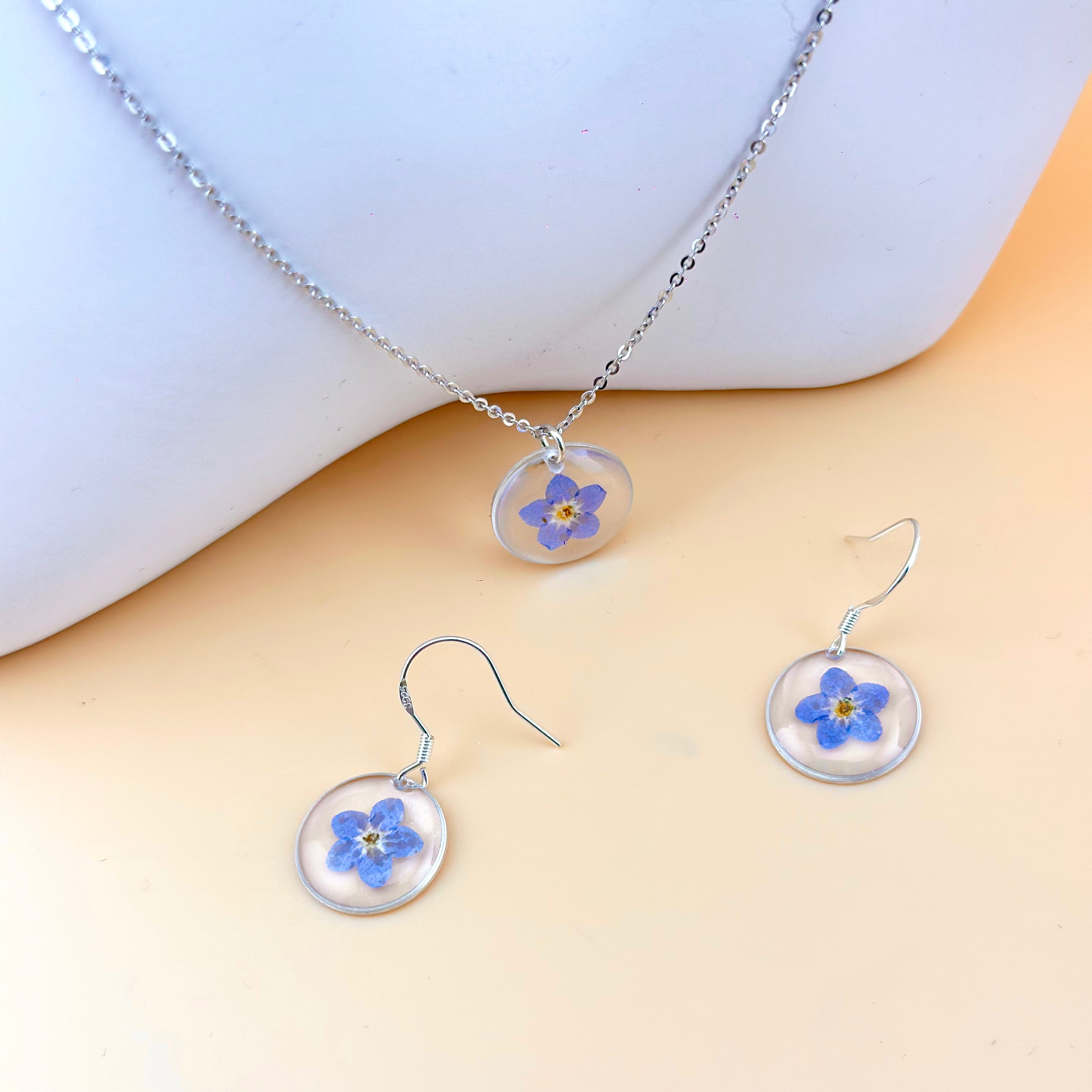 Real Forget-Me-Not Jewelry Set - Necklace & Earrings /925 sterling silver