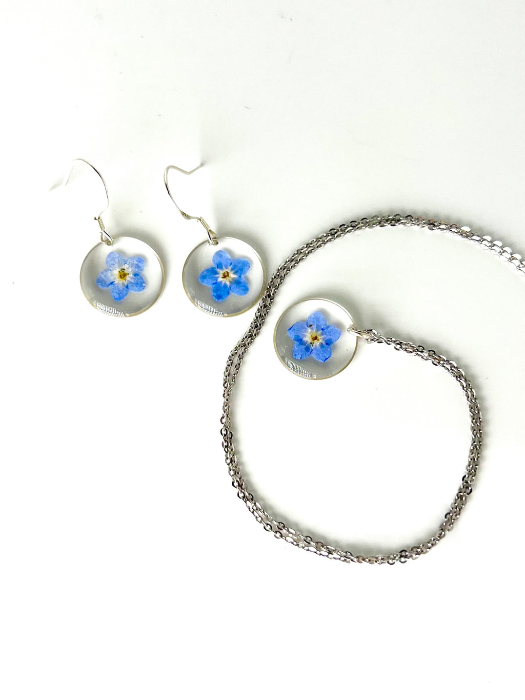 Real Forget-Me-Not Jewelry Set - Necklace & Earrings /925 sterling silver