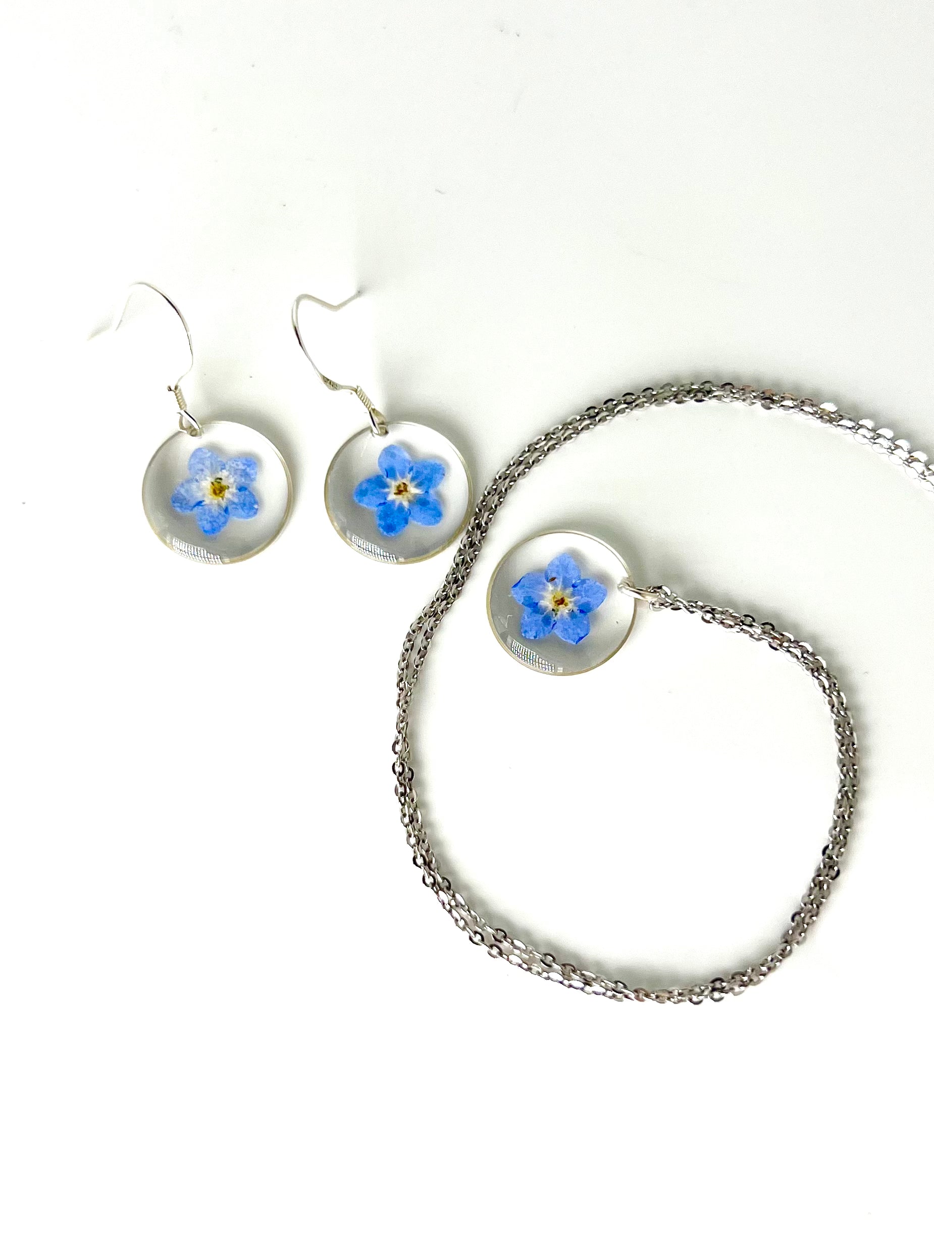 Real Forget-Me-Not Jewelry Set - Necklace & Earrings /925 sterling silver
