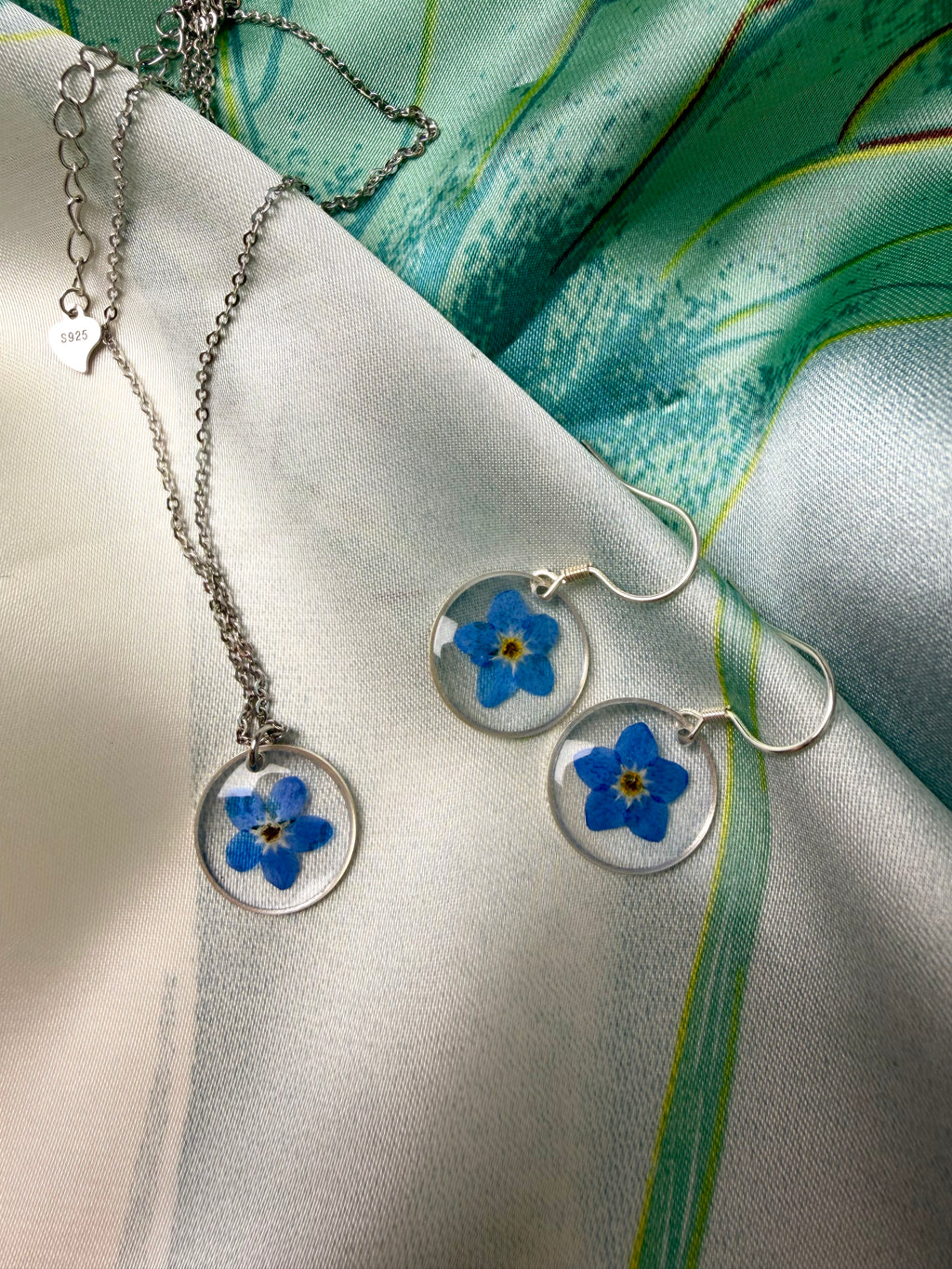 Real Forget-Me-Not Jewelry Set - Necklace & Earrings /925 sterling silver