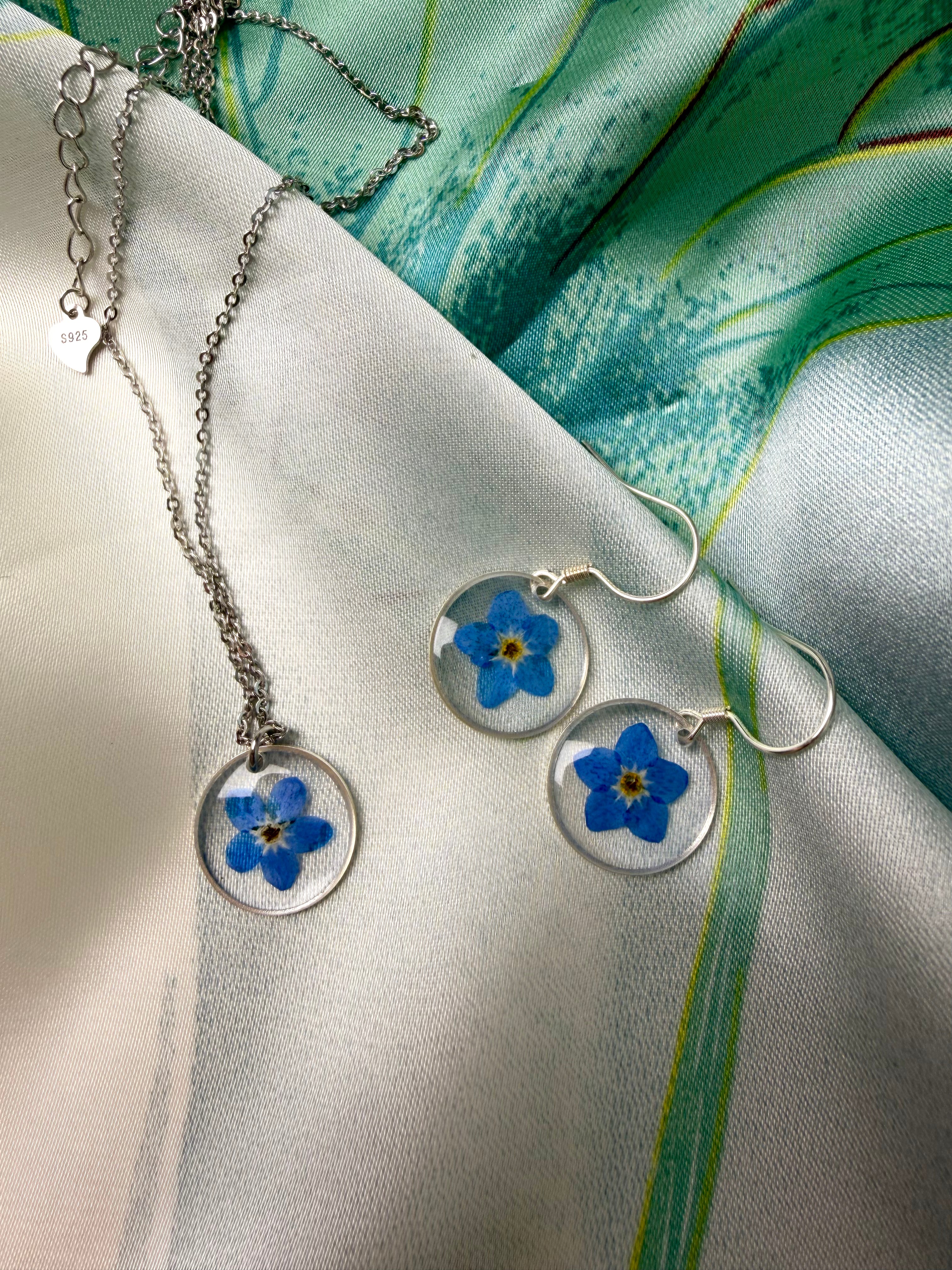 Real Forget-Me-Not Jewelry Set - Necklace & Earrings /925 sterling silver