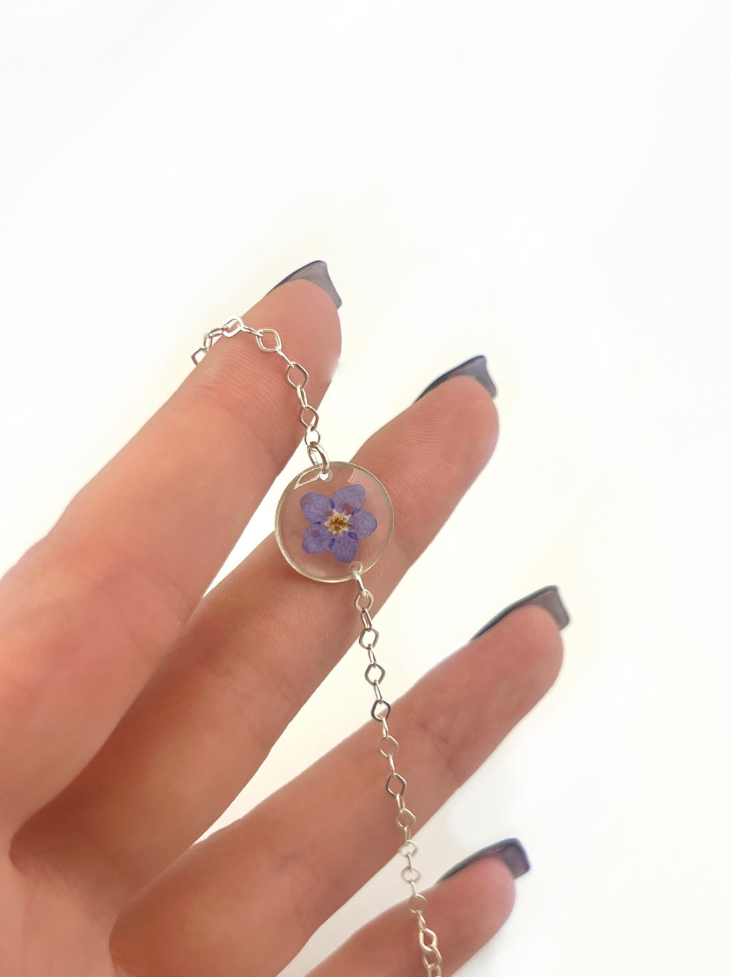 Forget me not locket necklace-Real Flower Jewelry / 925 Silver Chain